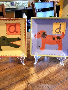 Pottery Barn Kids Alphabet Plates Set of 2 A for Alligator D for Dog Square